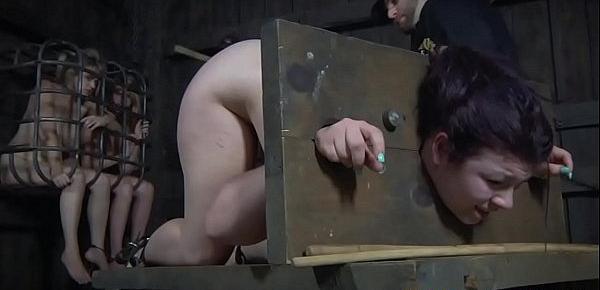  Restrained submissive punished in dungeon